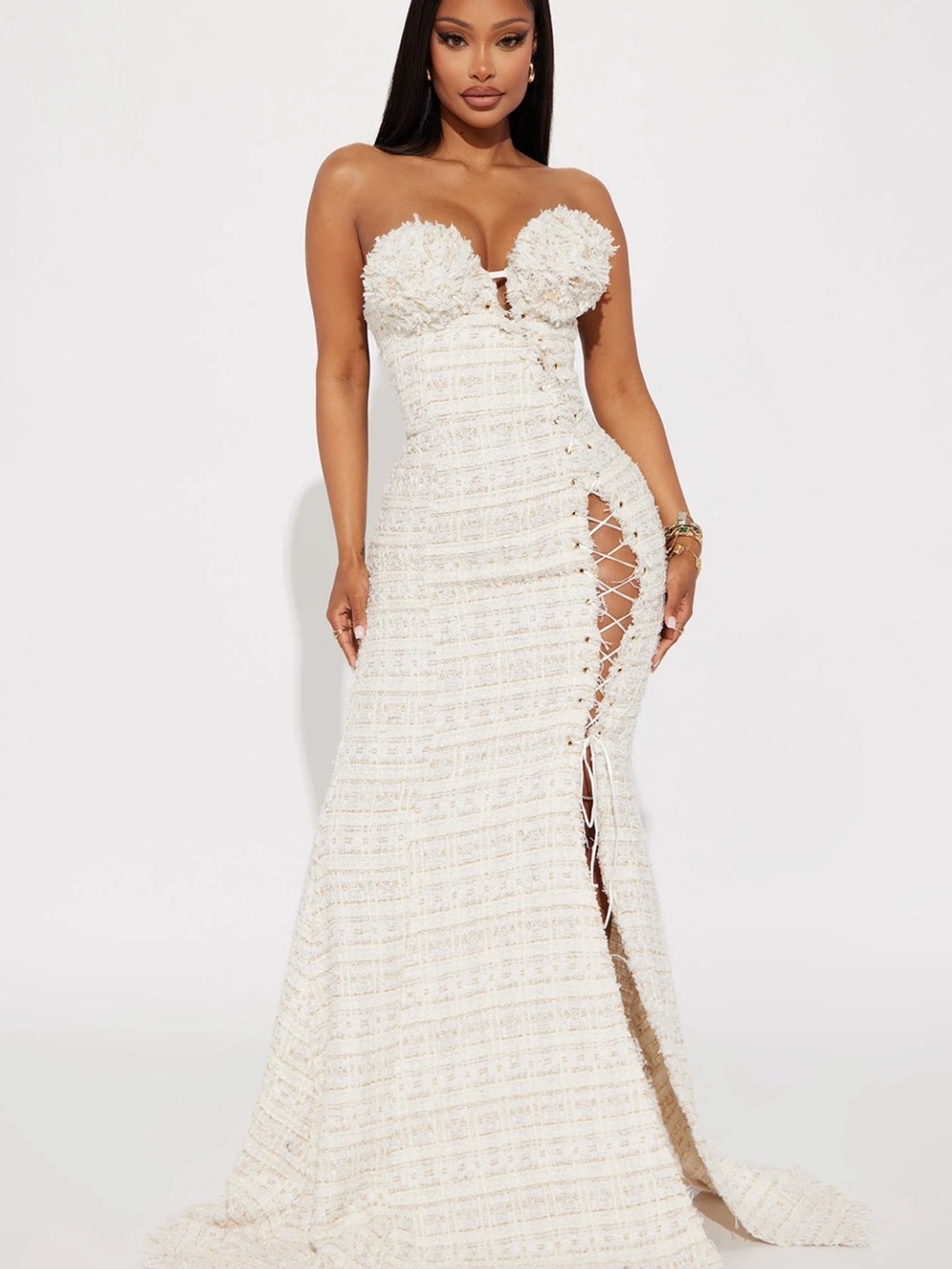 Strapless Ivory Lace-Up Column Evening Dress